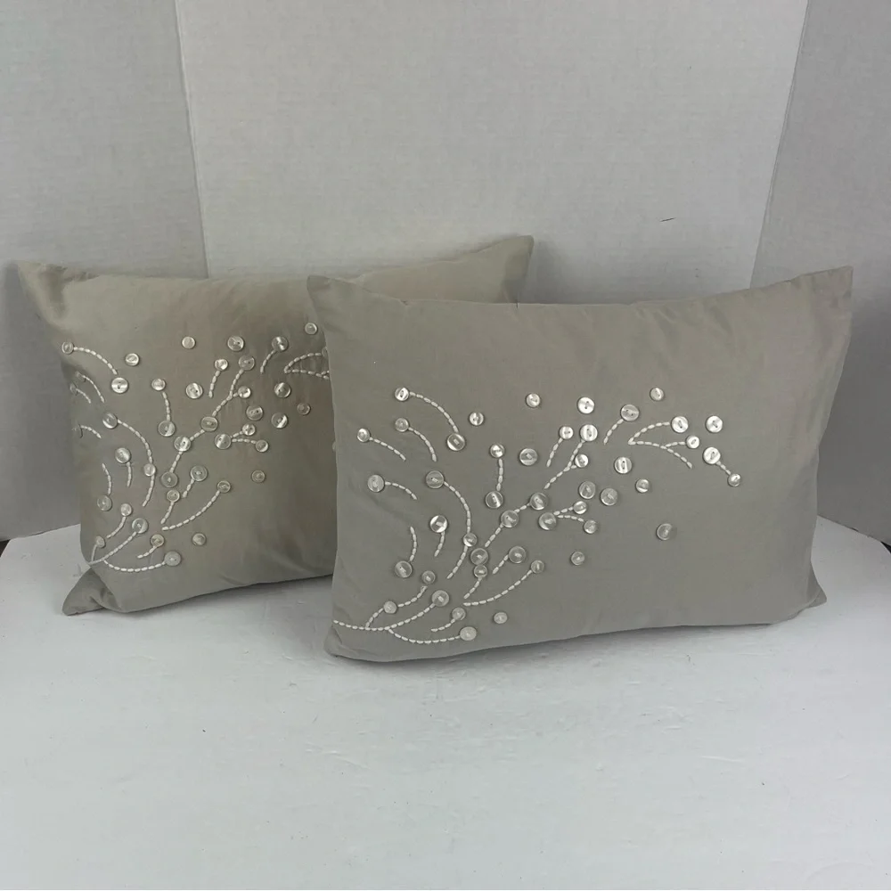 Pair of Barbara Berry grey accent pillows with button & embroidered accents